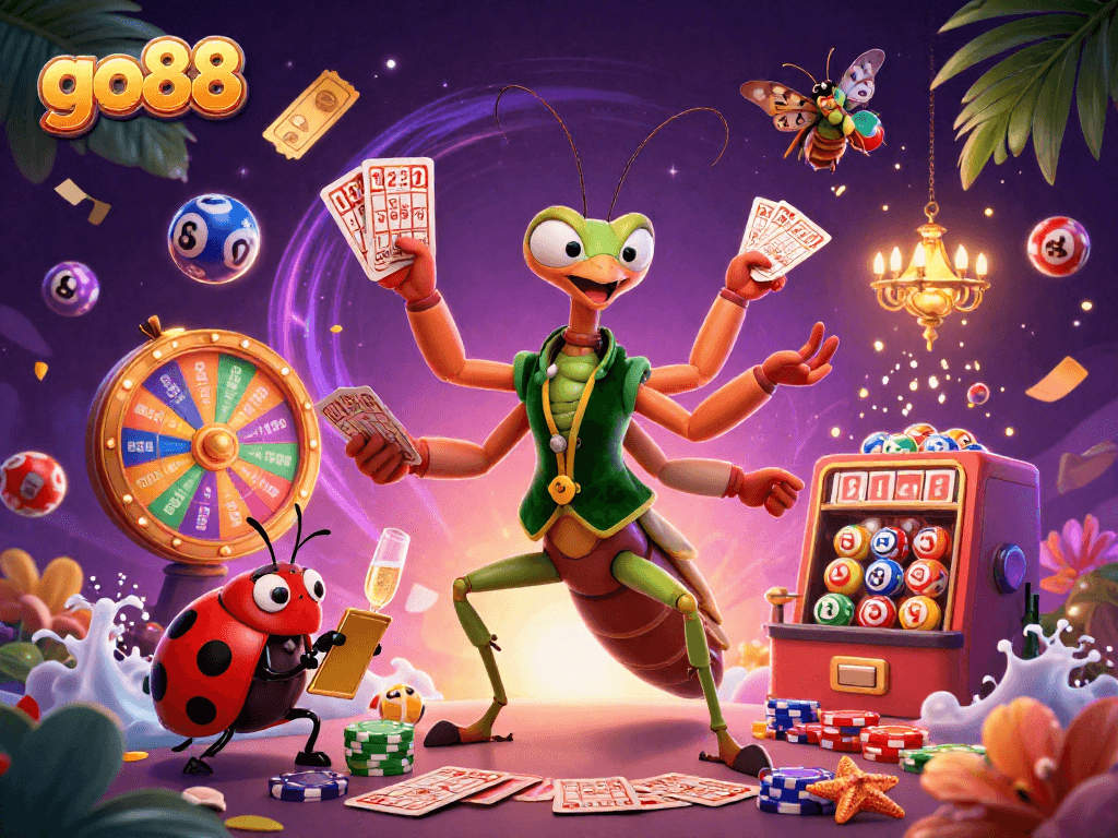 Players engage with go88's vibrant games in a dynamic, colorful casino scene.