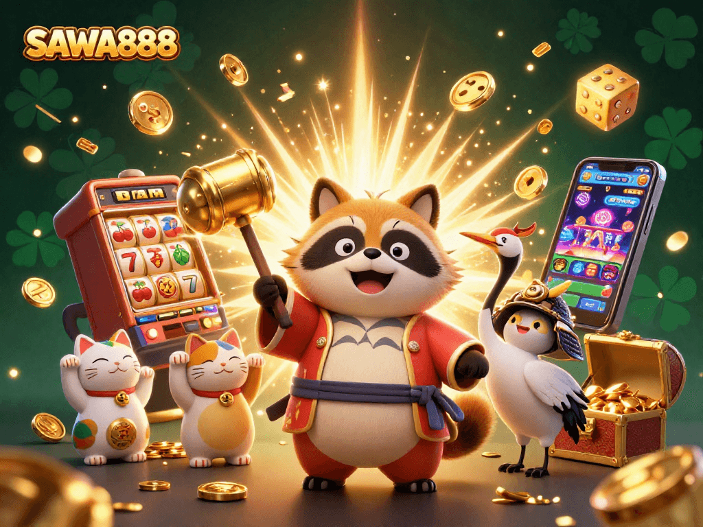SAWA888 immerses players in a vibrant casino scene featuring adorable characters and dynamic gaming elements.