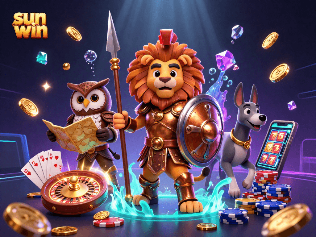 Win big at sun win with a heroic lion and vibrant casino elements in this dynamic 3D scene.