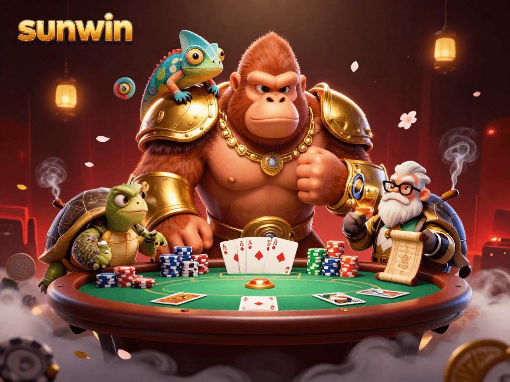 Engage with sunwin's thrilling poker action featuring a powerful gorilla, chameleon, and tortoise.
