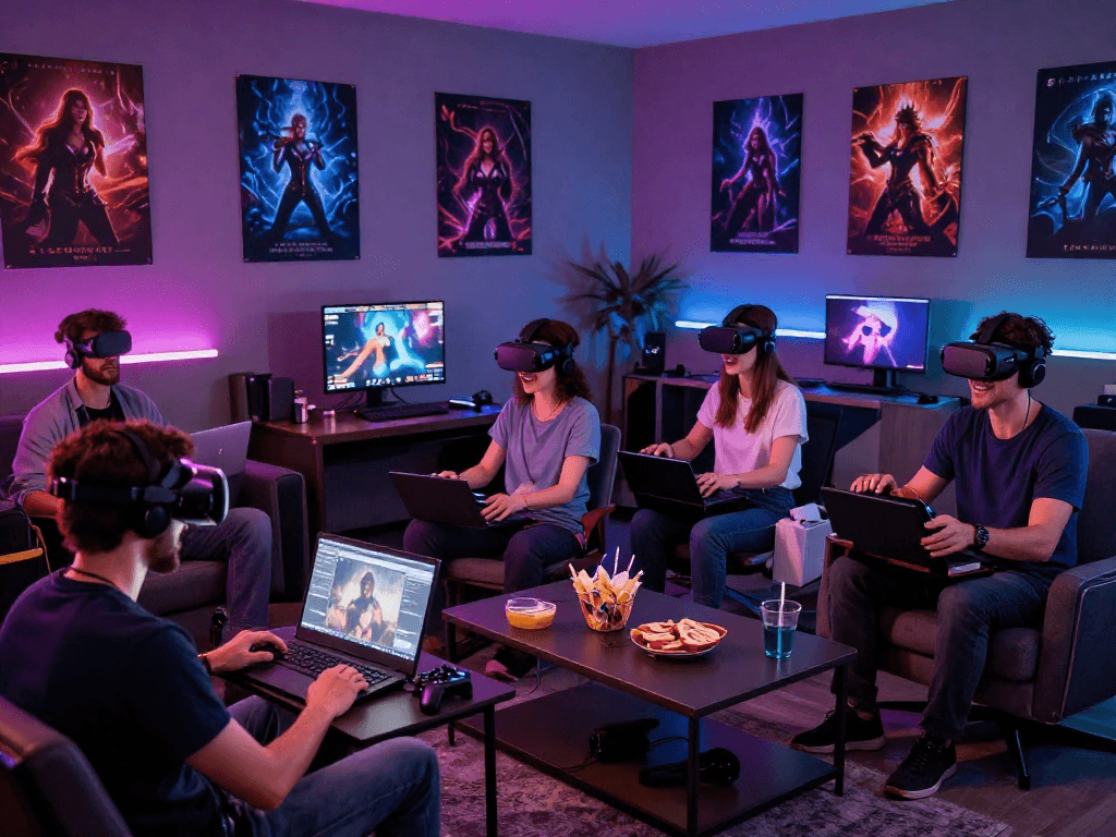 Engaged adults playing sex simulator games in a vibrant gaming room atmosphere