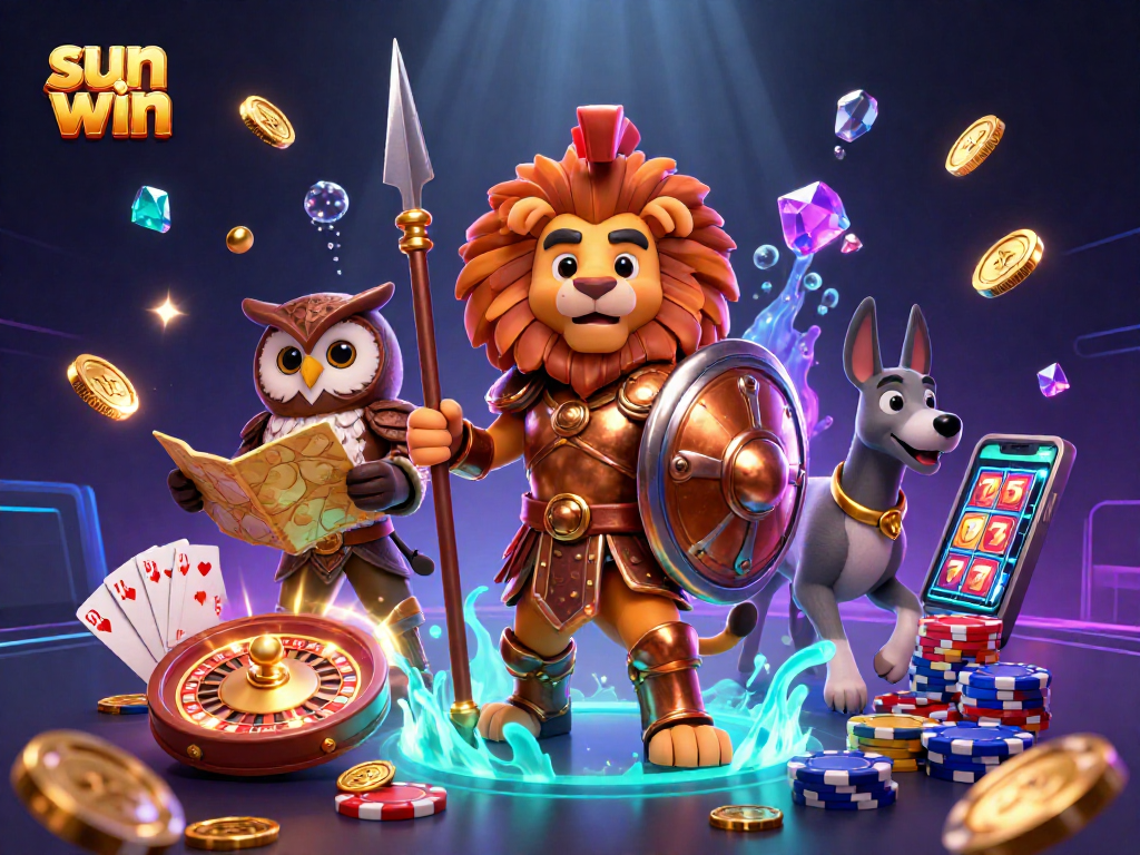 Win big at sun win with a heroic lion and vibrant casino elements in this dynamic 3D scene.