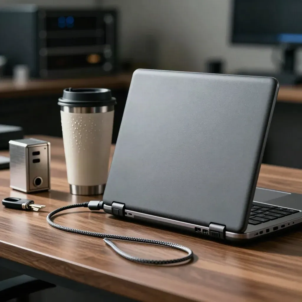 Closed laptop, coffee tumbler, braided cable and server key on a walnut bench in a dim ops room.