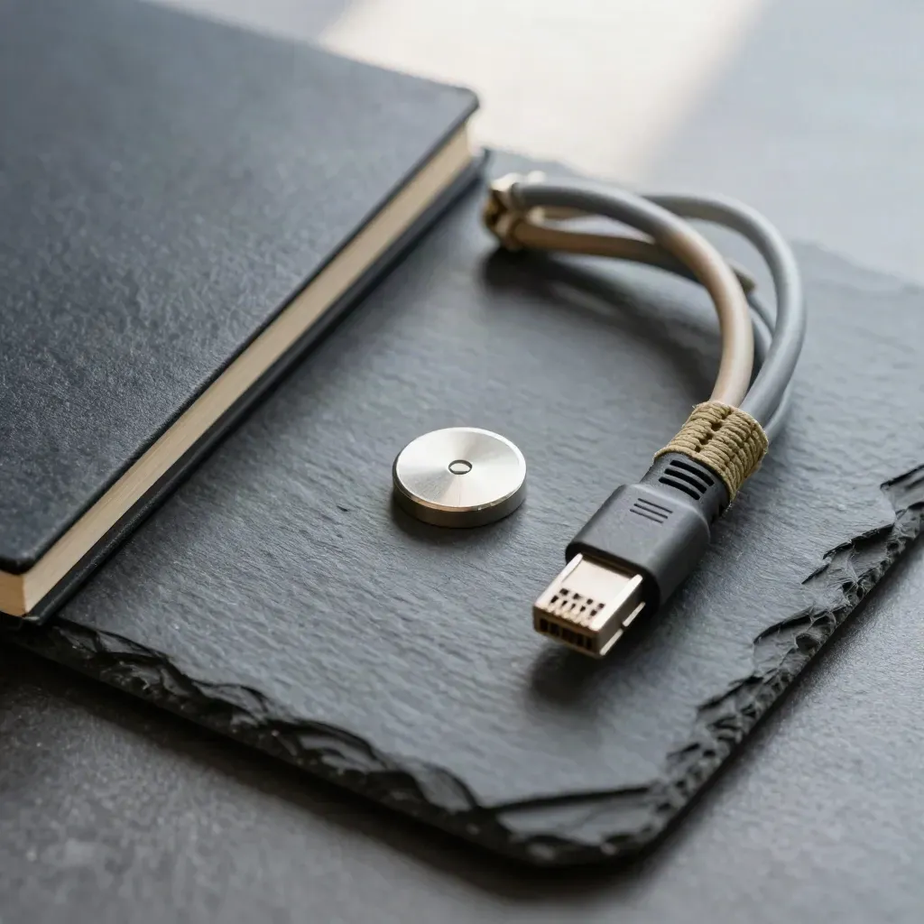 Top-down still life of a hardware token, notebook, and Ethernet lead on slate.