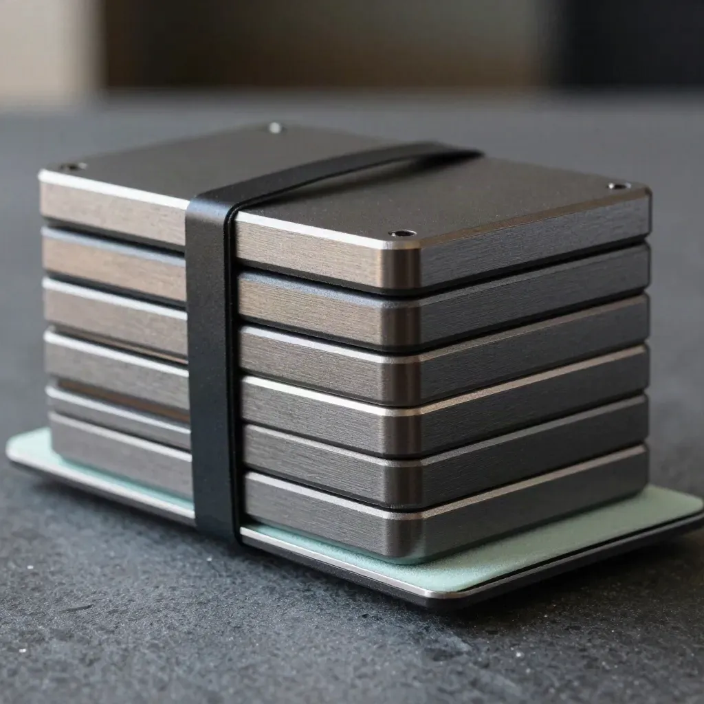 Stacked cache drives, cable ties and a metal sled on dark stone with a mint accent