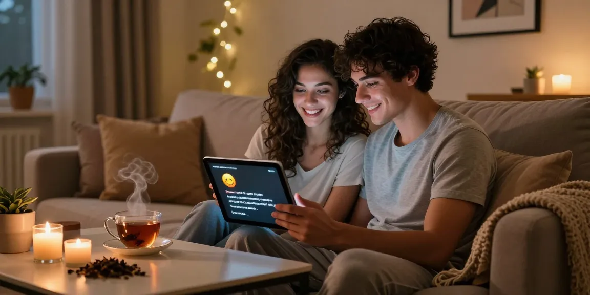 Couple enjoying an AI porn chat on a tablet in a cozy living room.