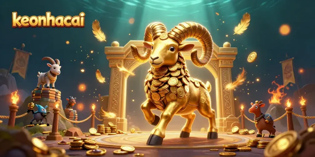 Experience keonhacai excitement with a golden ram charging through a vibrant casino scene.