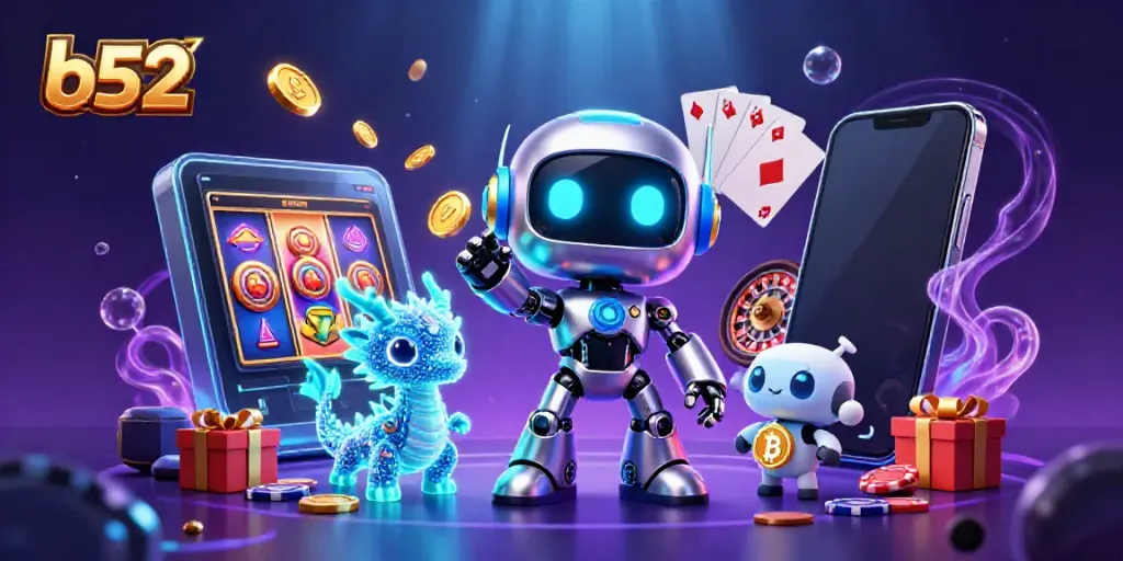 Experience thrilling gaming action with b52 as vibrant characters and casino elements come alive in a 3D scene.