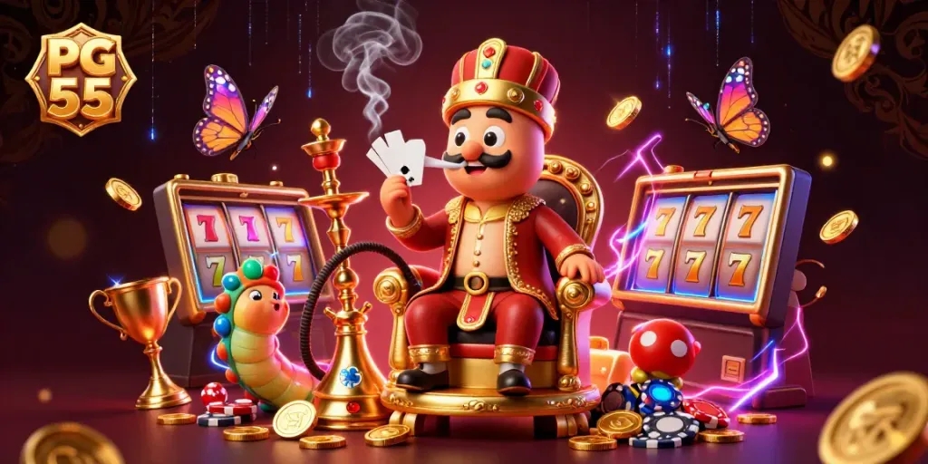 Experience excitement with PG 55 in this vibrant casino-themed 3D illustration showcasing gaming thrills.