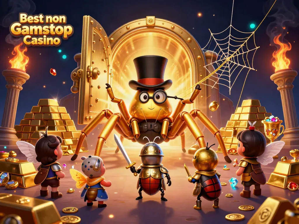 Engage with the thrilling Best non Gamstop Casino scene featuring a daring beetle knight, golden tarantula, and jewels.