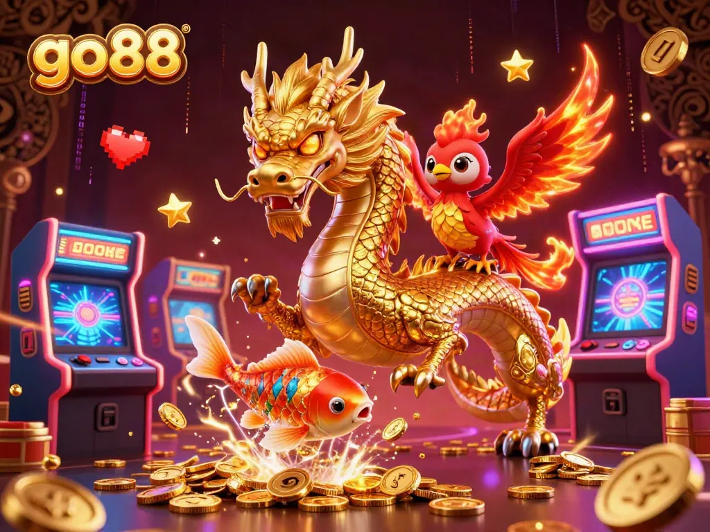 Experience the thrill of go88 with a golden Chinese dragon and vibrant casino elements.