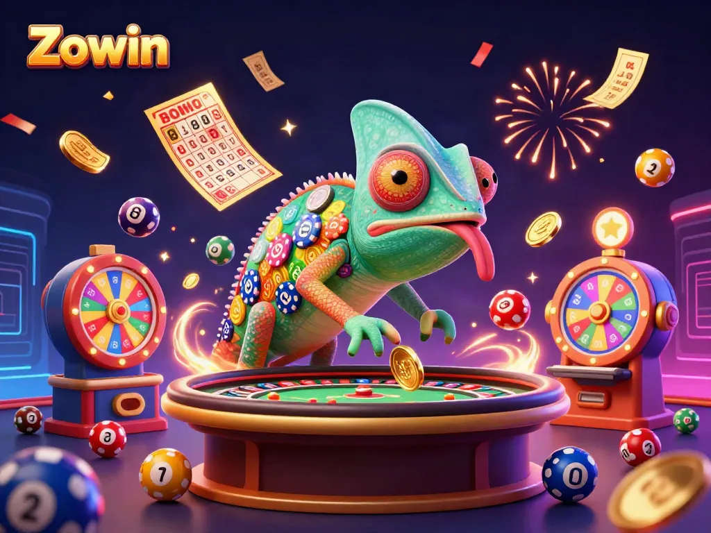 Experience the exciting world of Zowin with a vibrant chameleon casino owner and dynamic gaming elements.