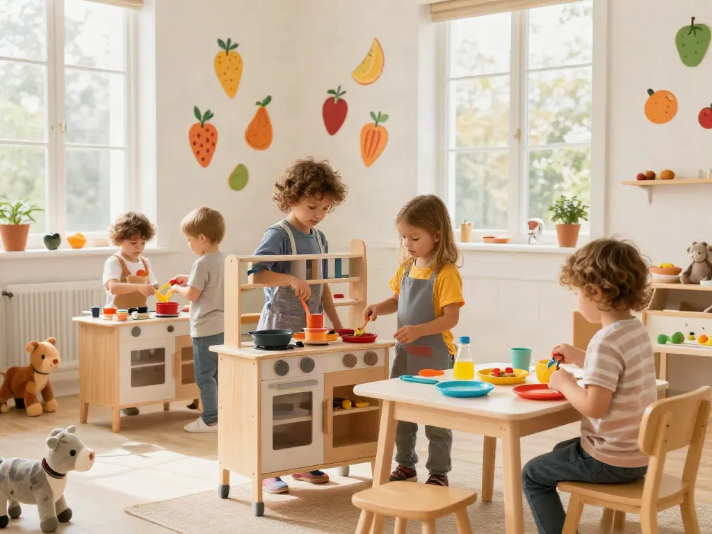 Children enjoying a play kitchen, creatively pretending to cook with toys.