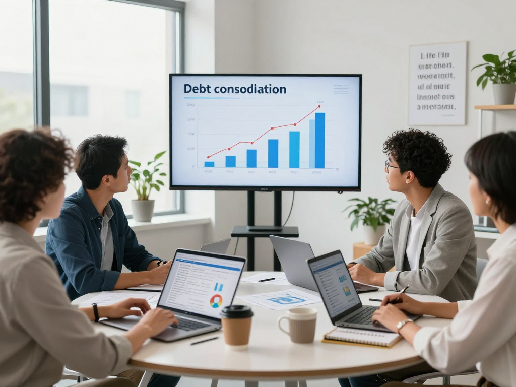 Debt consolidation Canada meeting with financial counselors discussing strategies in a bright modern office.