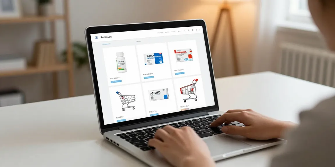 A person shopping online for ADHD medication, showing an e-commerce product review and best deals.