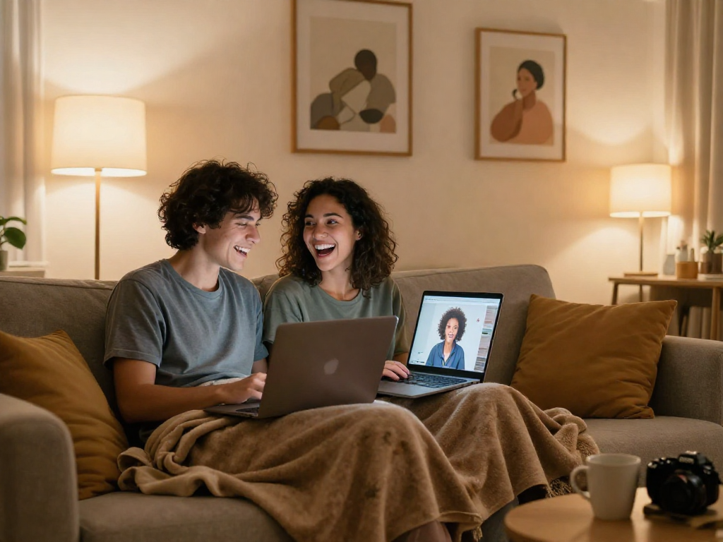 Couple enjoying ai porn chat experience on cozy sofa with laptops.